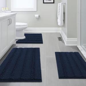 imageHVERSAILTEX 3 Piece Thick Striped Bath Rugs Set for Bathroom Non Slip Soft Absorbent Bath Mat for Tub Shower and Toilet17x2420x3220x24 UShaped IvoryNavy