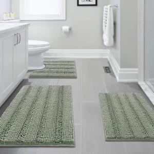imageHVERSAILTEX 3 Piece Thick Striped Bath Rugs Set for Bathroom Non Slip Soft Absorbent Bath Mat for Tub Shower and Toilet17x2420x3220x24 UShaped IvorySage