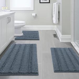 imageHVERSAILTEX 3 Piece Thick Striped Bath Rugs Set for Bathroom Non Slip Soft Absorbent Bath Mat for Tub Shower and Toilet17x2420x3220x24 UShaped IvoryStone Blue