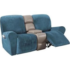 imageHVERSAILTEX Velvet Stretch Recliner Couch Covers 4Pieces Style Recliner Chair Covers Recliner Cover for Reclining Chair Slipcovers Feature Non Slip Form Fitted Thick Soft Washable French OakPeacock Blue