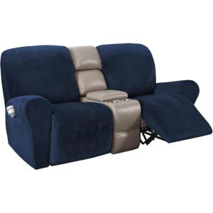 imageHVERSAILTEX Velvet Stretch Recliner Couch Covers 4Pieces Style Recliner Chair Covers Recliner Cover for Reclining Chair Slipcovers Feature Non Slip Form Fitted Thick Soft Washable French OakNavy