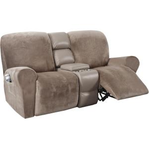 imageHVERSAILTEX Velvet Stretch Recliner Couch Covers 4Pieces Style Recliner Chair Covers Recliner Cover for Reclining Chair Slipcovers Feature Non Slip Form Fitted Thick Soft Washable French OakTaupe