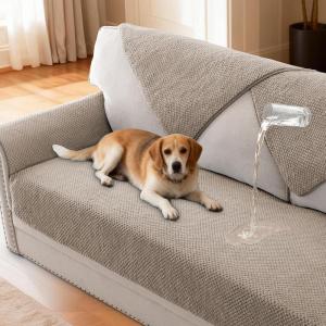 imageHVERSAILTEX Waterproof Couch Cover Plush Sofa Cover with Strap Soft Anti Slip Sofa Slipcovers for 4 Cushion Sofa Couch Protector Cover for Dogs Cats Kids36x96BeigeKhaki