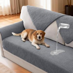 imageHVERSAILTEX Waterproof Couch Cover Plush Sofa Cover with Strap Soft Anti Slip Sofa Slipcovers for 4 Cushion Sofa Couch Protector Cover for Dogs Cats Kids36x96BeigeGrey