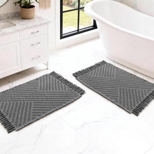 imageHVERSAILTEX Waffle Bath Mat Super Absorbent Boho Bath Mat Non Slip Bath Rugs for Bathroom Floor Machine Washable Dry Fast Bathroom Rugs with Tassels 47 x 17 Plus 17 x 24 Inches GrayGrey