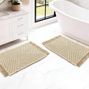 imageHVERSAILTEX Waffle Bath Mat Super Absorbent Boho Bath Mat Non Slip Bath Rugs for Bathroom Floor Machine Washable Dry Fast Bathroom Rugs with Tassels 47 x 17 Plus 17 x 24 Inches GraySand