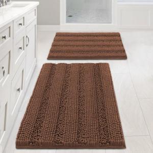 imageHVERSAILTEX Navy Blue Bathroom Rugs 2 Piece Bath Mat Set SlipResistant Extra Absorbent Soft and Fluffy Striped Chenille Bath Rugs Floor Mats Dry Fast Machine Washable 20quot x 32quot17quot x 24quotCaramel