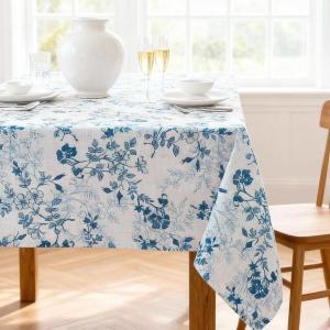 image:imageHVERSAILTEX Linen Table Cloths Floral Printed Tablecloth SpillProof Waterproof Table Cover for Dining Buffet Feature Soft and Thick Fabric Wrinkle Free 60 x 120 Inch Adela Botanical Motif  SageRetro Floral  Stone Blue