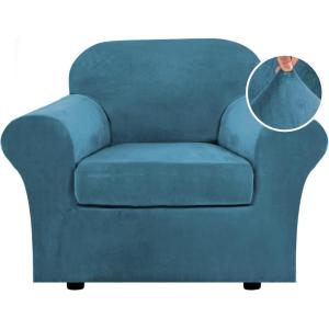 image:imageHVERSAILTEX Real Velvet Plush 3 Piece Stretch Sofa Covers Couch Covers for 2 Cushion Couch Loveseat Covers Width Up to 72 Inch Feature Thick Soft Stay in Place Medium Sofa CamelPeacock Blue