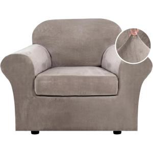 image:imageHVERSAILTEX Real Velvet Plush 3 Piece Stretch Sofa Covers Couch Covers for 2 Cushion Couch Loveseat Covers Width Up to 72 Inch Feature Thick Soft Stay in Place Medium Sofa CamelTaupe