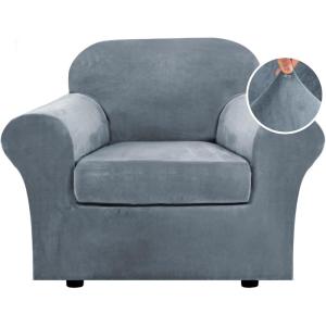 image:imageHVERSAILTEX Real Velvet Plush 3 Piece Stretch Sofa Covers Couch Covers for 2 Cushion Couch Loveseat Covers Width Up to 72 Inch Feature Thick Soft Stay in Place Medium Sofa CamelStone Blue