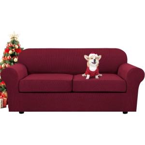 image:imageHVERSAILTEX 3 Piece Stretch Sofa Covers for 2 Cushion Loveseat Couch  Thicker Jacquard Fabric Medium Sofa TaupeBurgundy