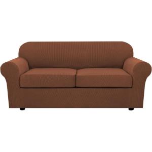 image:imageHVERSAILTEX 3 Piece Stretch Sofa Covers for 2 Cushion Loveseat Couch  Thicker Jacquard Fabric Medium Sofa TaupeCaramel