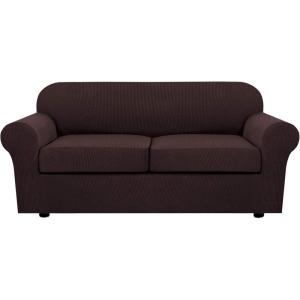 image:imageHVERSAILTEX 3 Piece Stretch Sofa Covers for 2 Cushion Loveseat Couch  Thicker Jacquard Fabric Medium Sofa TaupeChocolate