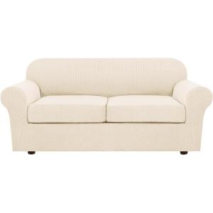 image:imageHVERSAILTEX 3 Piece Stretch Sofa Covers for 2 Cushion Loveseat Couch  Thicker Jacquard Fabric Medium Sofa TaupeCream