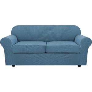 image:imageHVERSAILTEX 3 Piece Stretch Sofa Covers for 2 Cushion Loveseat Couch  Thicker Jacquard Fabric Medium Sofa TaupeDusty Blue