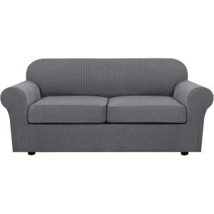 image:imageHVERSAILTEX 3 Piece Stretch Sofa Covers for 2 Cushion Loveseat Couch  Thicker Jacquard Fabric Medium Sofa TaupeGrey
