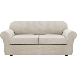 image:imageHVERSAILTEX 3 Piece Stretch Sofa Covers for 2 Cushion Loveseat Couch  Thicker Jacquard Fabric Medium Sofa TaupeIsland Fossi