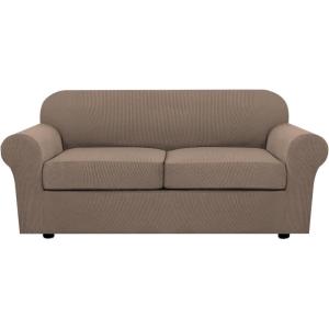 image:imageHVERSAILTEX 3 Piece Stretch Sofa Covers for 2 Cushion Loveseat Couch  Thicker Jacquard Fabric Medium Sofa TaupeMacchiato