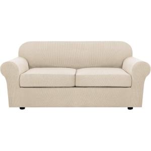 image:imageHVERSAILTEX 3 Piece Stretch Sofa Covers for 2 Cushion Loveseat Couch  Thicker Jacquard Fabric Medium Sofa TaupeNatural