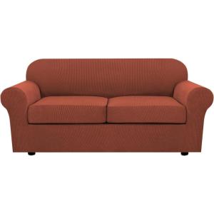 image:imageHVERSAILTEX 3 Piece Stretch Sofa Covers for 2 Cushion Loveseat Couch  Thicker Jacquard Fabric Medium Sofa TaupeRust