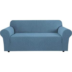 image:imageHVERSAILTEX Stretch Couch Covers for Sofa 1 Piece Slipcovers for Couches and Sofas 3 Seater Couch Cover Feature Thick Checked Jacquard Fabric with Elastic Bottom 7288 Wide CreamDusty Blue