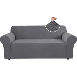 image:imageHVERSAILTEX Stretch Couch Covers for Sofa 1 Piece Slipcovers for Couches and Sofas 3 Seater Couch Cover Feature Thick Checked Jacquard Fabric with Elastic Bottom 7288 Wide CreamNeutral Gray