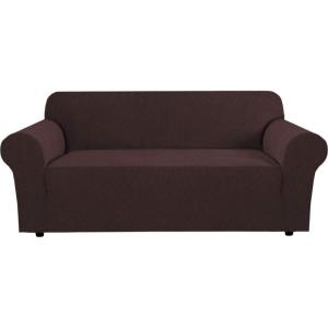 image:imageHVERSAILTEX Stretch Couch Covers for Sofa 1 Piece Slipcovers for Couches and Sofas 3 Seater Couch Cover Feature Thick Checked Jacquard Fabric with Elastic Bottom 7288 Wide CreamChocolate
