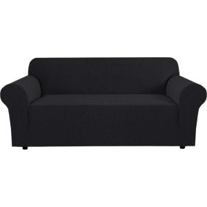 image:imageHVERSAILTEX Stretch Couch Covers for Sofa 1 Piece Slipcovers for Couches and Sofas 3 Seater Couch Cover Feature Thick Checked Jacquard Fabric with Elastic Bottom 7288 Wide CreamJet Black