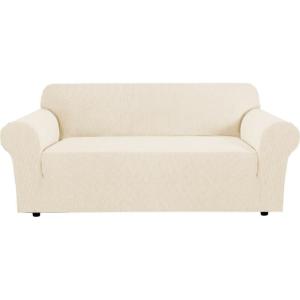 image:imageHVERSAILTEX Stretch Couch Covers for Sofa 1 Piece Slipcovers for Couches and Sofas 3 Seater Couch Cover Feature Thick Checked Jacquard Fabric with Elastic Bottom 7288 Wide CreamCream