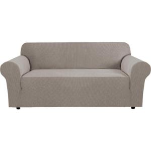 image:imageHVERSAILTEX Stretch Couch Covers for Sofa 1 Piece Slipcovers for Couches and Sofas 3 Seater Couch Cover Feature Thick Checked Jacquard Fabric with Elastic Bottom 7288 Wide CreamTaupe