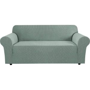 image:imageHVERSAILTEX Stretch Couch Covers for Sofa 1 Piece Slipcovers for Couches and Sofas 3 Seater Couch Cover Feature Thick Checked Jacquard Fabric with Elastic Bottom 7288 Wide CreamSage