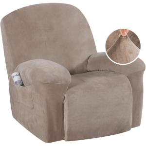 image:imageHVERSAILTEX High Stretch Recliner Chair Covers Large Size Oversized Plush Chair Slip Covers with Arms 1Piece Furniture Protector Couch Soft with Elastic Bottom Non SlipRecliner Stone BlueTaupe
