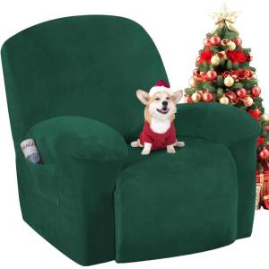 image:imageHVERSAILTEX High Stretch Recliner Chair Covers Large Size Oversized Plush Chair Slip Covers with Arms 1Piece Furniture Protector Couch Soft with Elastic Bottom Non SlipRecliner Stone BlueChristmas Green