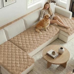 image:imageHVERSAILTEX Chenille Couch Cover for Dogs Washable Soft Fuzzy Chaise Cover Sectional Couch Covers for L Shaped Sofa Both LeftRight Thick Pet Couch Cover Protector NonSlipStone Blue 34 x 68Khaki